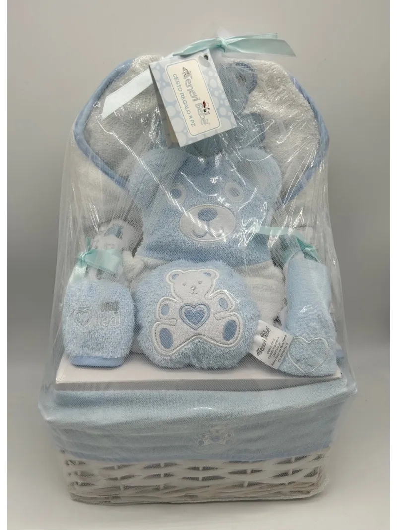 CESTO REGALO IN VIMINI 8 PEZZI NEONATO NEONATA TENERI BEBE' 1860
