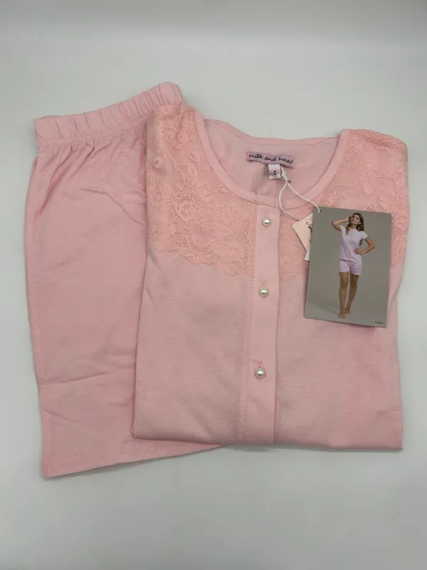 PIGIAMA DONNA MEZZA MANICA APERTO AVANTI PANTALONCINO COTONE 100% MILK AND HONEY pde898