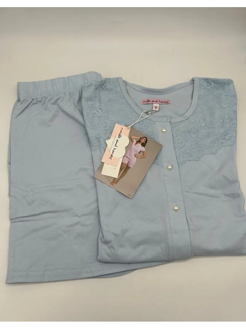 PIGIAMA DONNA MEZZA MANICA APERTO AVANTI PANTALONCINO COTONE 100% MILK AND HONEY pde898