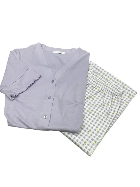 Acquista ora PIGIAMA DONNA MEZZA MANICA PANTALONE LUNGO COTONE 100% APERTO AVANTI NOTTINGHAM 49806 su nonsolointimo1994.com 2