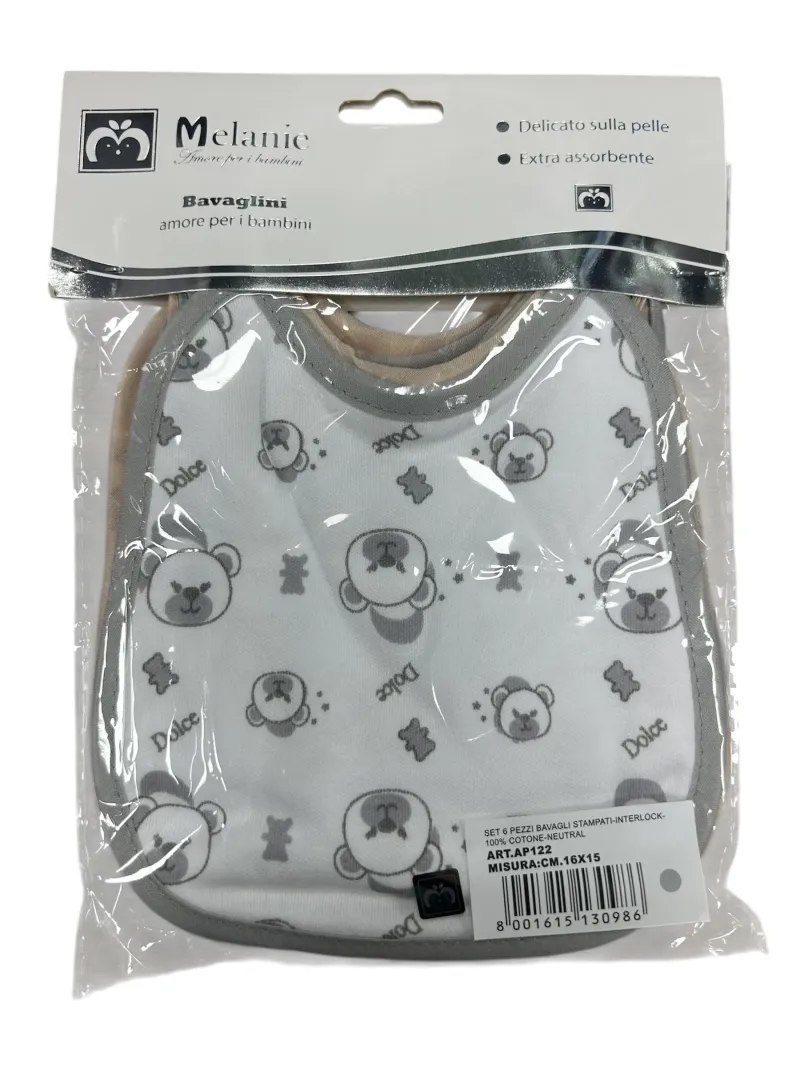 Acquista ora BAVETTE PICCOLE 6 PEZZI COTONE INTERLOCK CON LACCIO MELANIE ap122 su nonsolointimo1994.com