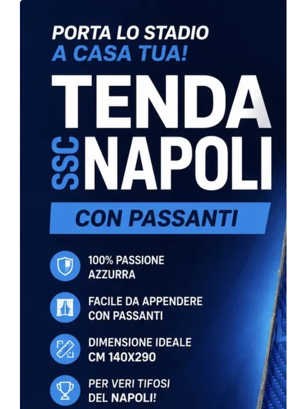Acquista ora TENDA CALATA CON PASSANTI CARILLO SSC NAPOLI 140x290cm ID1918 su nonsolointimo1994.com